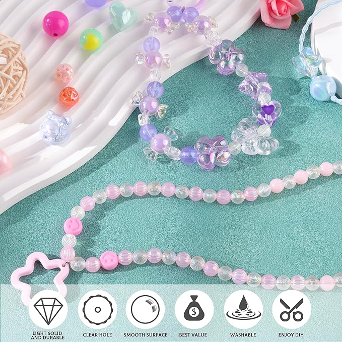 Assorted 180-240PCS Acrylic Beads For Bracelet Making, Flower Bow Butterfly Candy Gummy Bear Kawaii Aesthetic Bracelet Charms,Cute Beads For Jewelry Making DIY Necklace Keychain Phone Charm