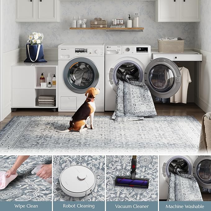 jinchan Round Rug 6ft Washable Circle Soft Rug - Low Pile Vintage 6'Round Indoor Grey Floral Print Stain Resistant Boho Carpet Ultra-Thin Non-Slip for Living Room Nursery Bedroom Dining Room Kitchen