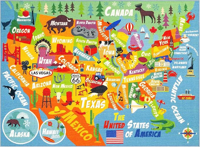 KC Cubs 8x10 USA United States Map Toy Car Road Rug – Educational Play Mat Carpet for Kids, Toddlers, Nursery, Classroom, Playroom, Baby Daycare