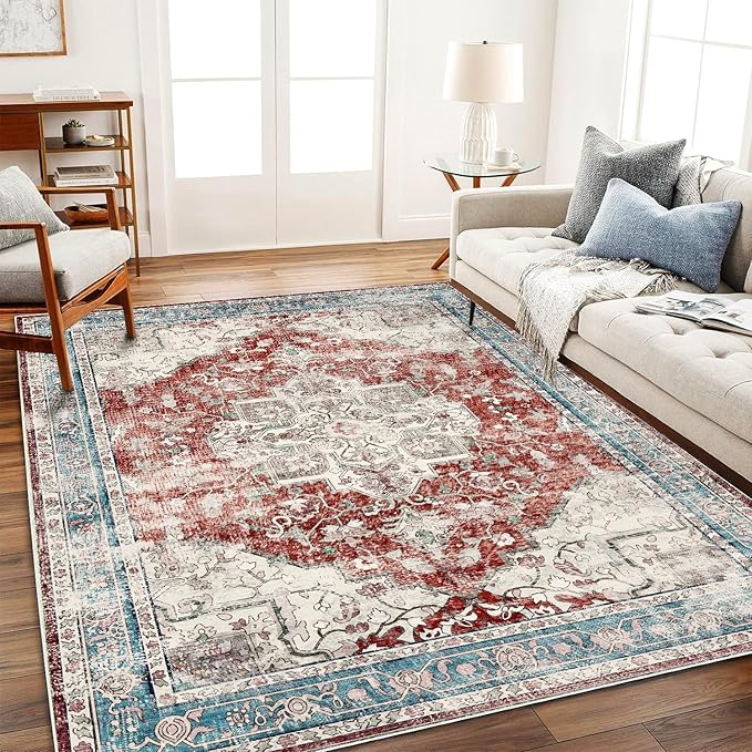 Area Washable Rug 5'x7' Red Blue Washable Vintage Traditional Floor Cover Thin Rug Retro Kitchen Indoor Distressed Non Slip Carpet Floral Print Mat Living Room Bedroom Dining Room