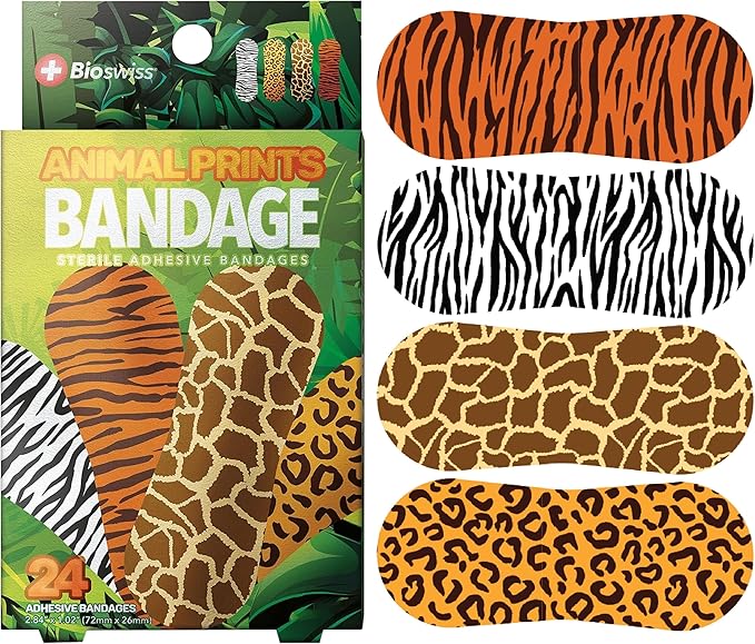 BioSwiss Bandages, Animal Prints Self Adhesive Bandage, Leopard, Zebra, Giraffe, and Tiger Print Designs, Latex Free Sterile Wound Care, Standard Shape for Kids and Adults, 24 Count