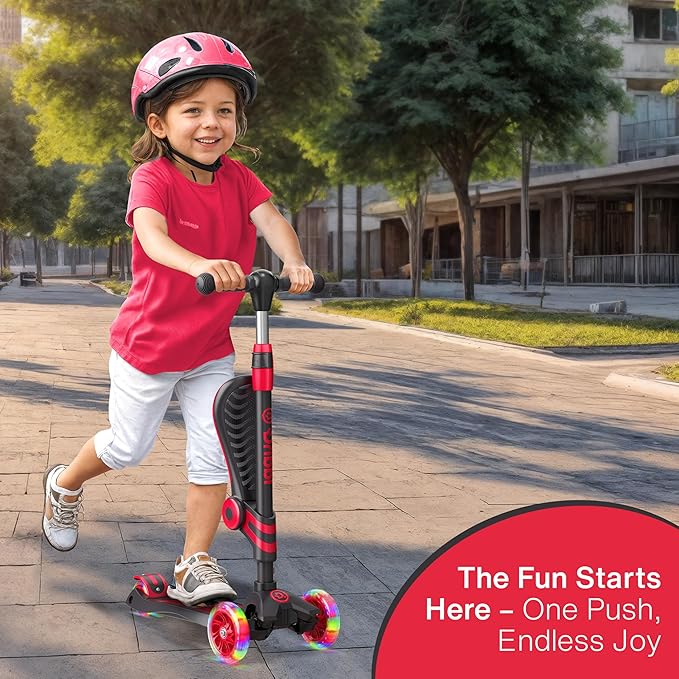 Black and Red 3 Wheel Scooter with Seat for Kids – Light-Up LED Wheels, Adjustable Handlebar and Seat, Smooth PU Wheels, Wide Anti-Slip Deck, Rear Foot Brake – Toddler Outdoor Toys for Ages 2+