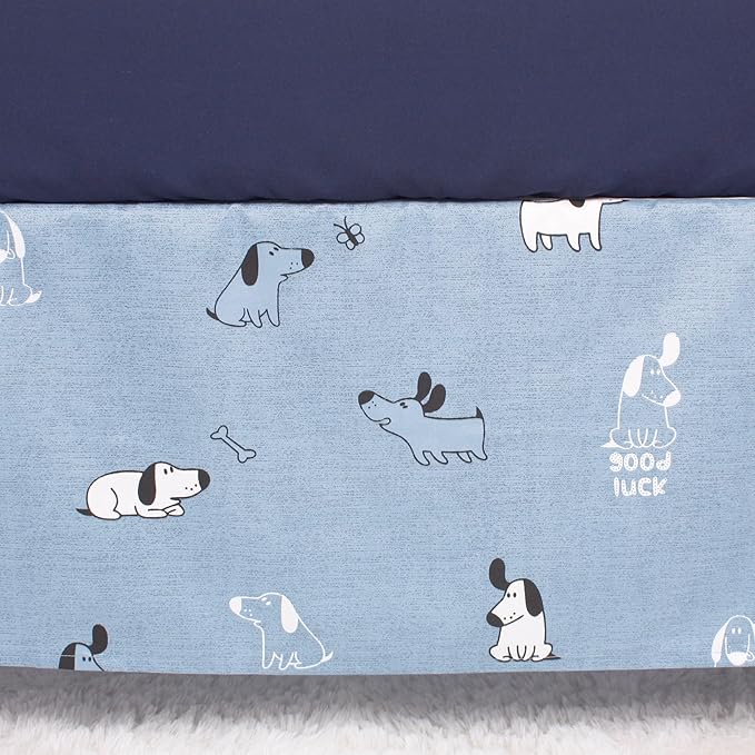 CaSaJa Baby 3-Piece Crib Bedding Set for Boys Girls, Including Soft Quilted Comforter(Blanket), Fitted Crib Sheet and Skirt, Soft Nursery Bedding Set Made of Silky Comfy Materials, Good Luck Puppy