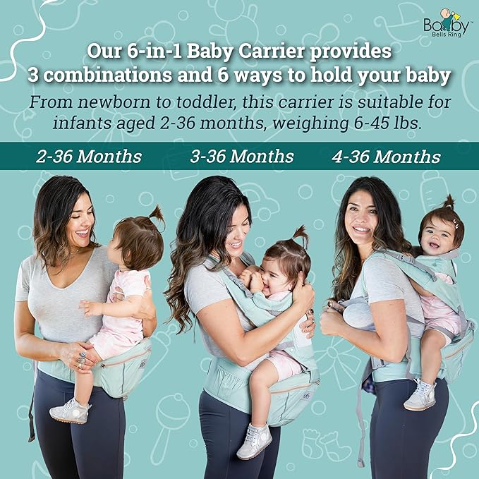 Baby Carrier - 6-in-1 Ergonomic Soft Carrier with Hip Seat and Large Storage, Front and Back Positions, Adjustable Waist Up to 43 Inches, for Infants Aged 2-36 Months, Weighing 6-45 lb