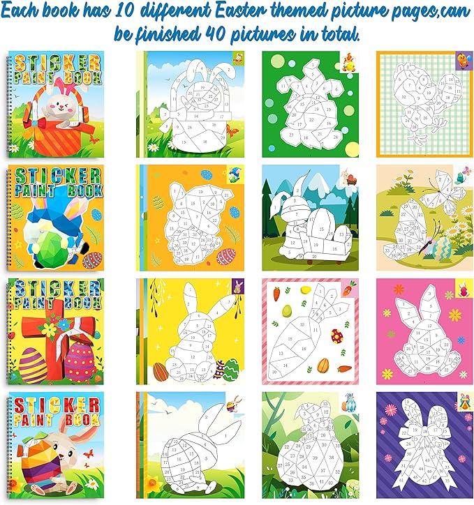 90shine 4PCS Easter Crafts for Kids Ages 4-8 Sticker Books - Basket Stuffer Gift Includes Bunny Egg Chick Gnome and More Designs Create 40 Pictures
