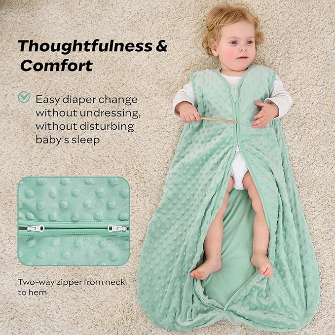 JELLYMONI Fleece Baby Sleep Sack 0-6 Months, 1.5 Tog Warm Winter Baby Wearable Blanket with Plush Dots and 2-Way Zipper, Cotton Toddler Sleep Sack