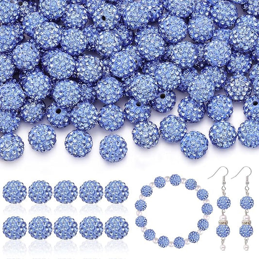 200pcs 10mm Rhinestone Beads for Jewelry Making, Light Blue Shiny Round Disco Ball Beads Bulk, Sparkle Crystal Clay Christmas for Bracelet Baseball Necklace Earring Crafting and DIY
