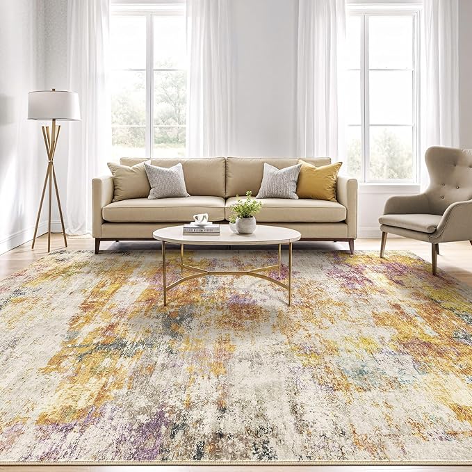 10x14 Area Rugs Living Room: Washable Large Abstract Modern Soft Stain Resistant Indoor Floor Rugs Non-Slip Accent Carpet for Bedroom Nursery Playroom Office Dining Room Dorm Home House- Gold Colorful
