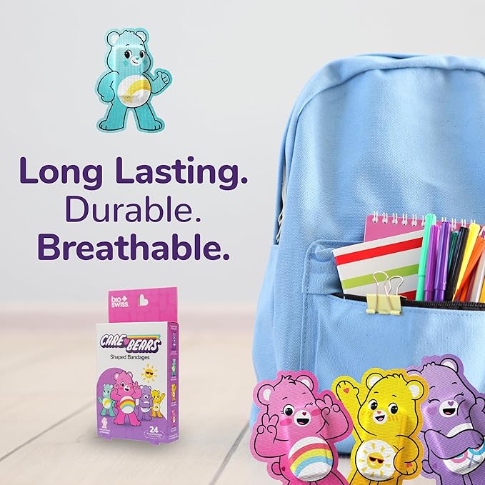 BioSwiss Care Bears Bandages, Unlock The Magic Care Bear Shaped Self Adhesive Bandage, Latex Free Sterile Wound Care, Fun First Aid Kit Supplies for Kids, 24 Count