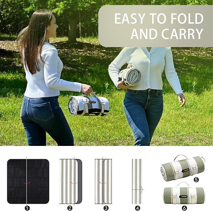 HX&OD Outdoor Picnic Blanket Extra Large, 80''*80' Waterproof Picnic Mat with Stakes Foldable Camping Blanket Portable with Carry Strap for Beach Mat (Green, 80''*80'')