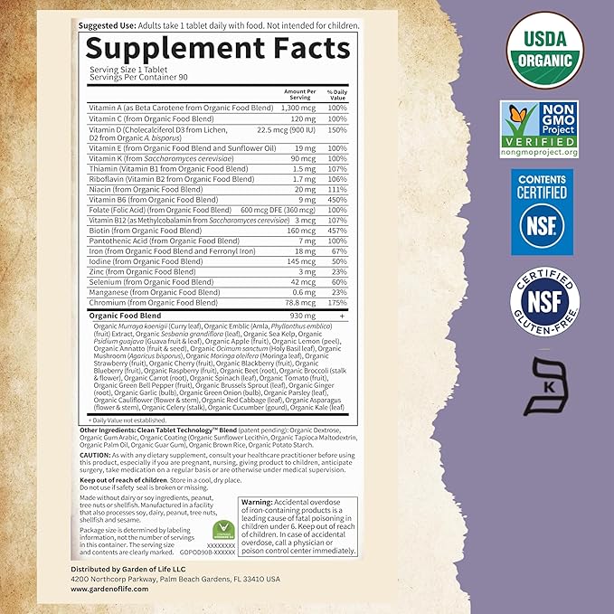 Garden of Life Prenatal Vitamins for Women, Organics Folate for Energy & Healthy Fetal Development, Non-constipating Iron, Vitamin C, B6, B12, D3, Non-GMO, Gluten-Free, Vegan, 90 Day Supply