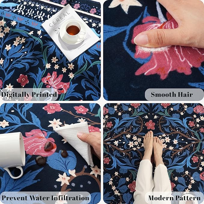 Bedroom Rug 3x5 Rug Washable Area Rug Non Slip Low Pile Vintage Floral Botanical Small Carpet for Bedroom, Bedside, Kitchen, Entryway, Kids Room, Office, Blue