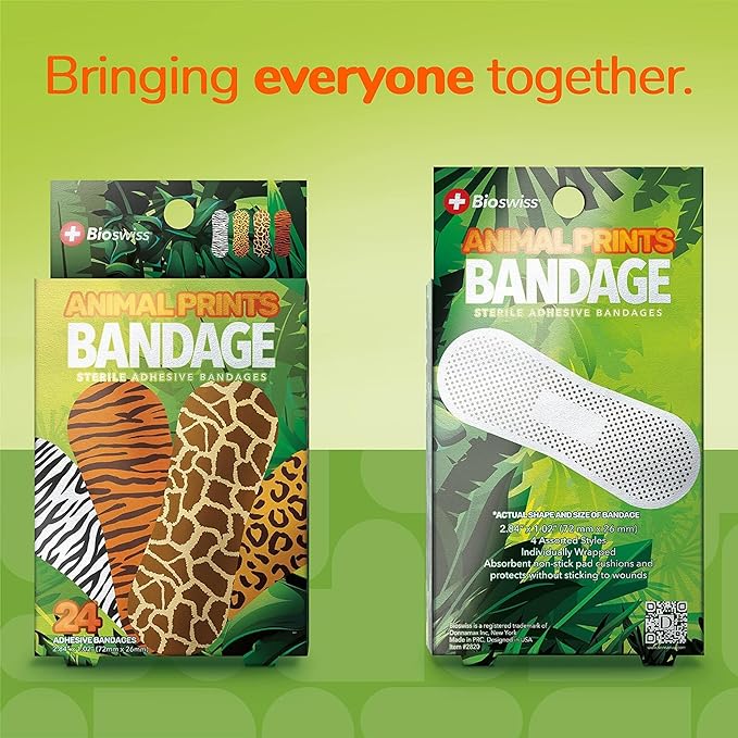 BioSwiss Bandages, Animal Prints Self Adhesive Bandage, Leopard, Zebra, Giraffe, and Tiger Print Designs, Latex Free Sterile Wound Care, Standard Shape for Kids and Adults, 24 Count