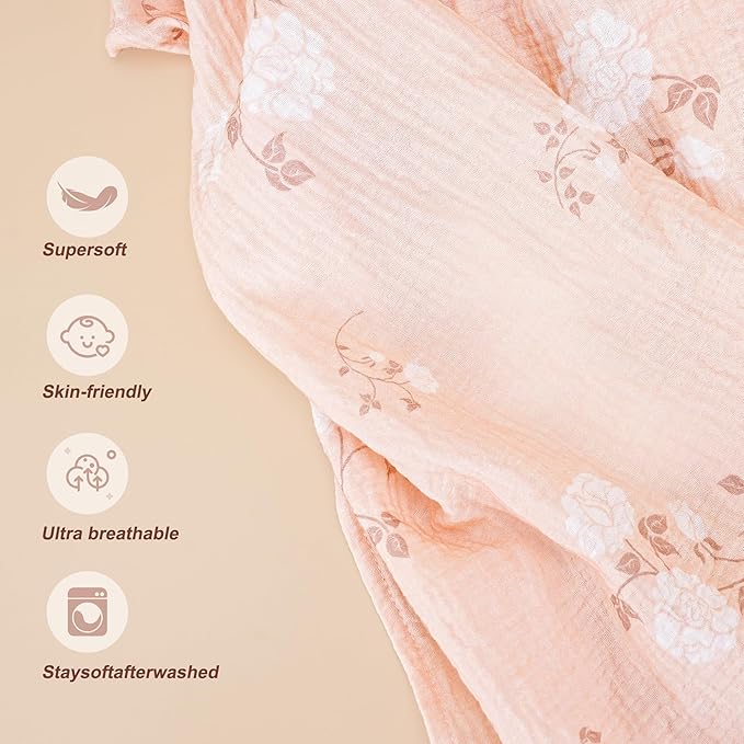 2 Pack Muslin Cotton Nursing Cover for Breastfeeding, Privacy Breathable Breastfeeding Cover Cover up with Arch Neckline for Mom, 100% Cotton Nursing Apron, Floral and Pink