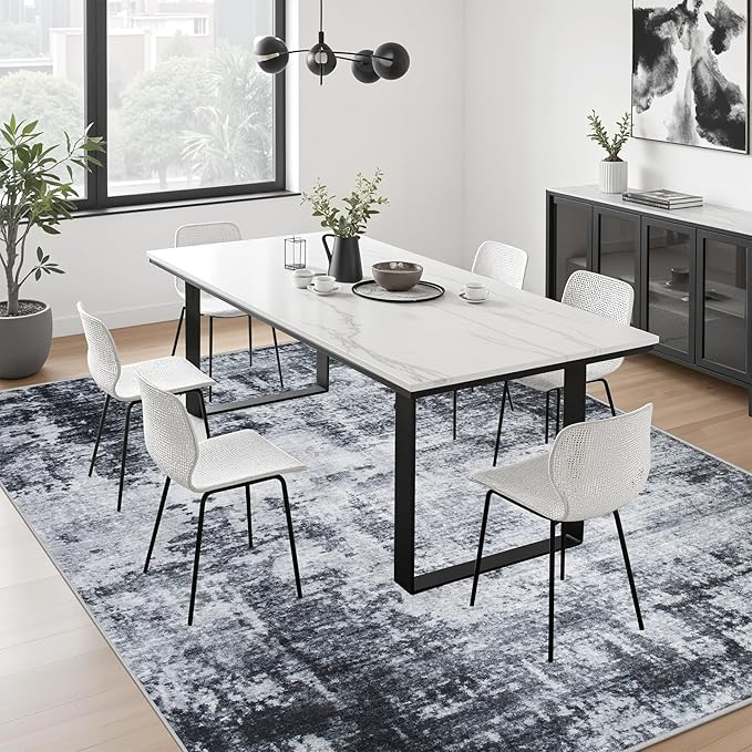 9x12 Area Rug Living Room Rug: Washable Modern Abstract Soft Thin Rug Indoor Floor No Slip Stain Resistant Carpet for Bedroom Dining Room Farmhouse Nursery Home Office - Dark Black