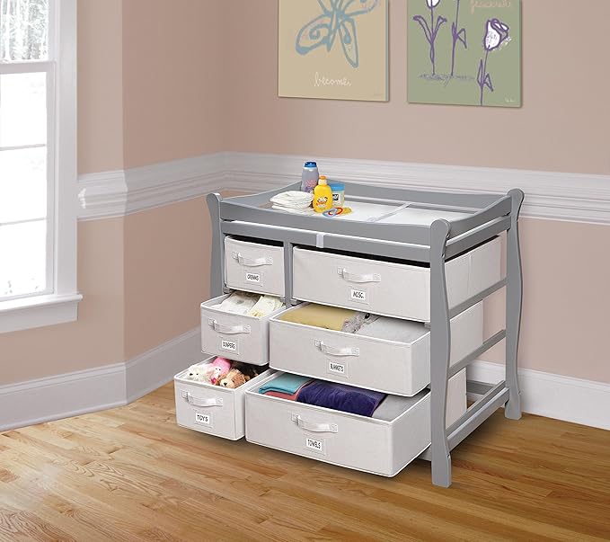 Badger Basket Sleigh Style Baby Changing Table - Diaper Station with 6 Removable Storage Baskets, Safety Rails, Pad, and Belt - Nursery Organizer - Cool Gray