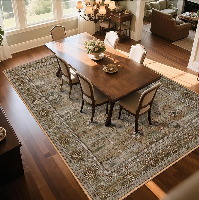 4x6 Area Rug for Bedroom Machine Washable, Non Slip Vintage Floral Kitchen Rugs for Dining Room, Low Pile Indoor Floor Print Carpet for Nursery Farmhouse Home Office Olive/Charcoal