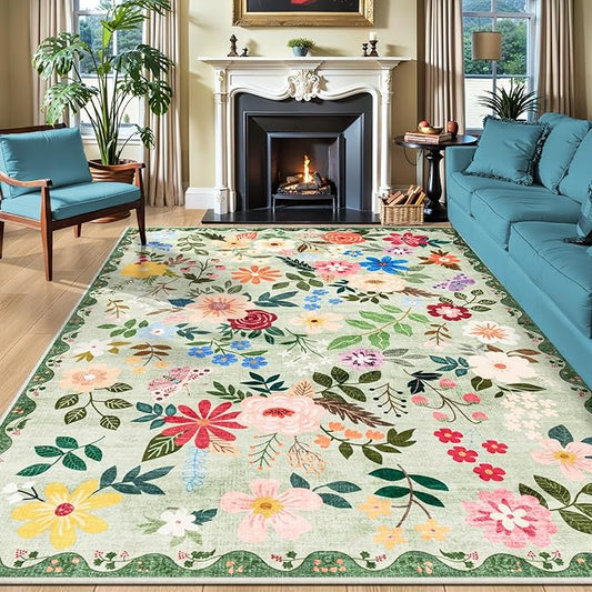 Area Rugs 9x12 Living Room: Floral Washable Rug Vintage Large Soft Boho Non-Slip Carpet Indoor Stain Resistant Low Pile Carpets for Bedroom Dining Room Farmhouse Nursery Hallway Home Office Green
