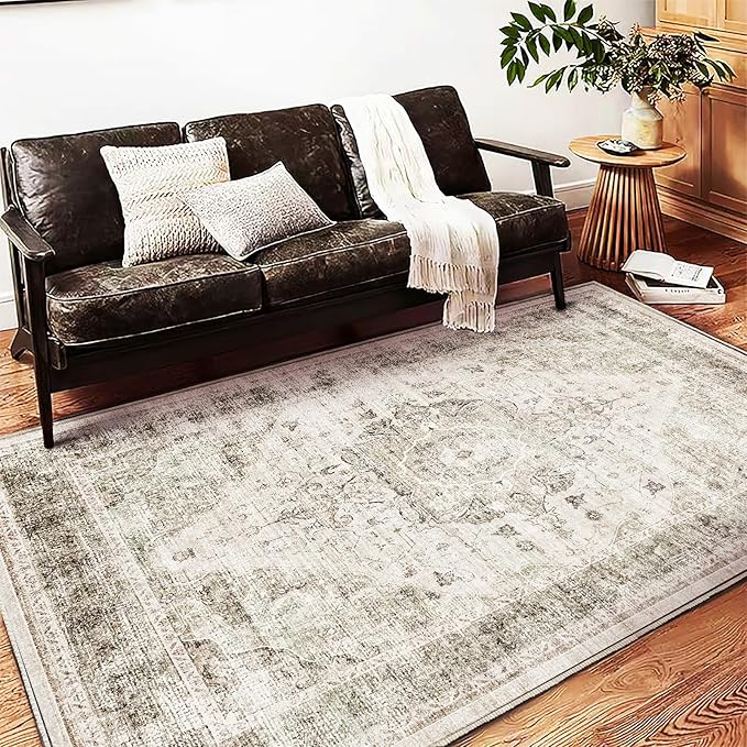 Area Rug 5'x7' Washable Rug Floral Khaki Traditional Floor Cover Thin Retro Kitchen Indoor Distressed Non Slip Carpet for Living Room Bedroom Dining Room