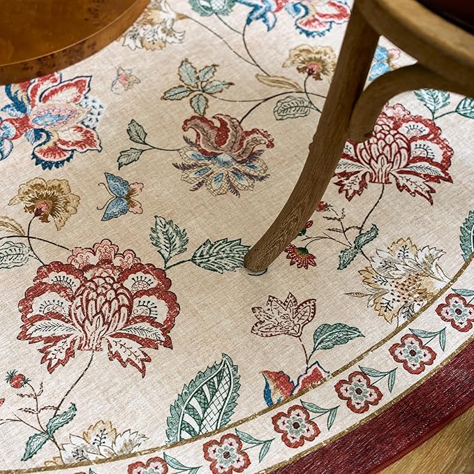 jinchan 6ft Floral Round Rug for Dining Room Washable Living Room Rug Vintage Romance Design Non Slip Indoor Floor Cover Lightweight Low-Profile Throw Carpet for Bedroom Porch Patio, Red/Beige