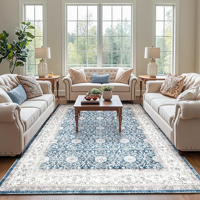 jinchan Floral 6x9 Area Rugs for Living Room - Machine Washable Vintage Distressed Boho Design Throw Rug Stain Resistant Carpet Low-Pile Thin Non-Slip for Bedroom Dining Room Nursery (6‘x9',Dark Blue)