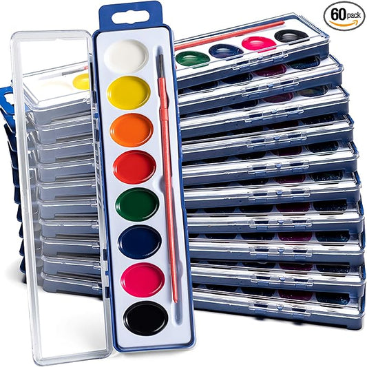 Bedwina Watercolor Paint Set- Bulk of 60 Sets - 8 Water Color Washable Paints, Palette Tray and Painting Brush, for Art Schools and Paint Party Supplies