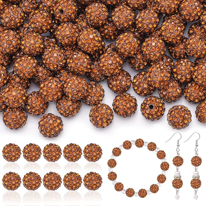 200pcs 10mm Rhinestone Beads for Jewelry Making, Brown Shiny Round Disco Ball Beads Bulk, Sparkle Crystal Clay Christmas for Bracelet Baseball Necklace Earring Crafting and DIY