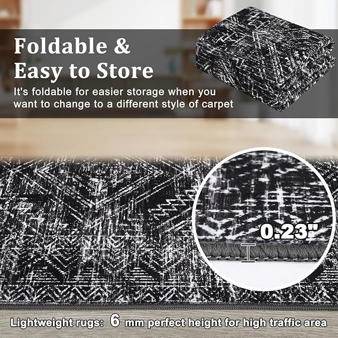 COZYLOOM Area Rug 6x9 Washable Rug for Bedroom Office Dining Room Living Room Vintage Non Slip Large Area Rug Geometric Soft Throw Low Pile Stain Resistant Carpet, Black