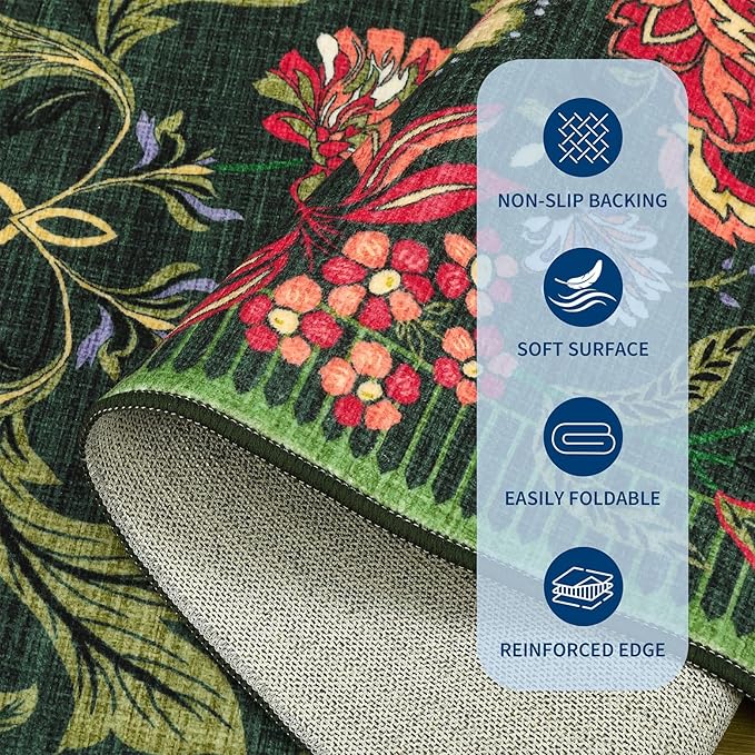 GarveeHome Forest Green Floral Botanical Washable 8x10 Rug for Living Room Soft Vintage Boho Cottage Large Rugs Low-Pile Carpet for Bedroom Dining Nursery Rug