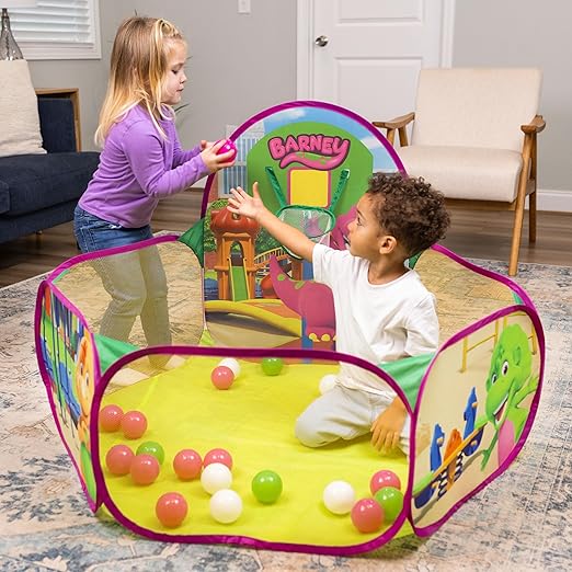 Barney Pop Up Playground, Ball Pit with 25 Play Balls and Basketball Hoop, Toddlers 2+