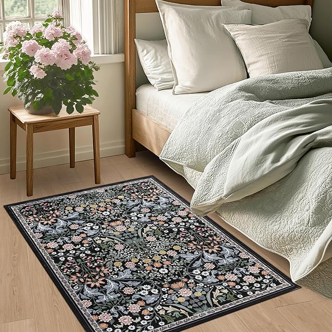 Entryway Rug 2X3 Small Rugs: Floral Washable Door Mat Vintage Soft Low Pile Non-Slip Kitchen Rugs Stain Resistant Indoor Throw Rug for Entrance, Bedroom, Kitchen, Laundry, Bathroom Dark Black