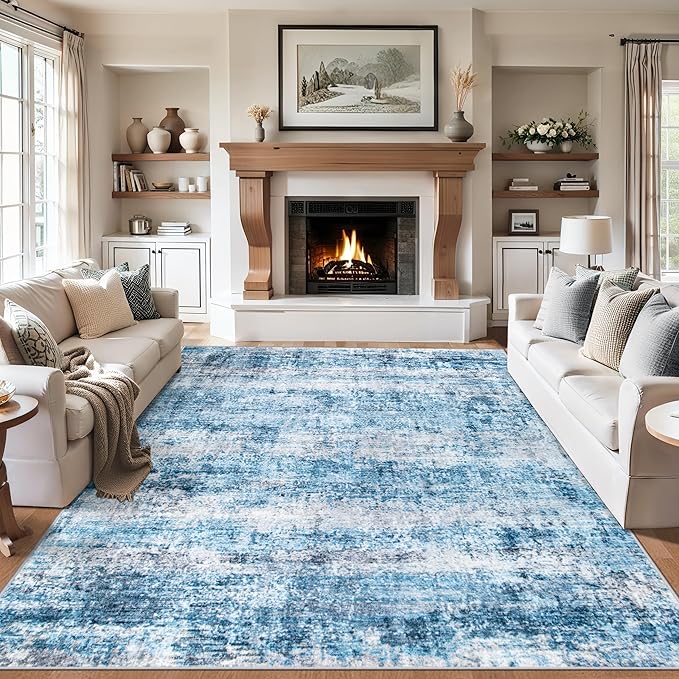 Area Rugs Living Room Rug - 5x7 Washable Modern Abstract Soft Neutral Non-Slip Carpet Large Indoor Floor Thin Carpets for Bedroom Dining Room Farmhouse Nursery Home Office Blue Grey