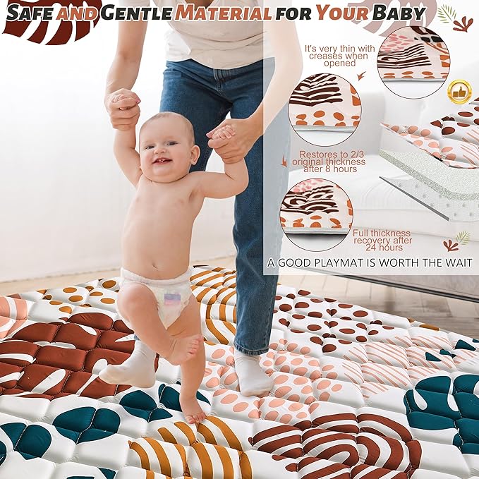 Baby Play Mats for Floor, 59x59 Playpen Mat for Babies, Extra Thicker & Soft Floor Crawling Mat, Foldable Non-Slip Playmat Cushioned for Infants Toddlers, Boho Leaf Design