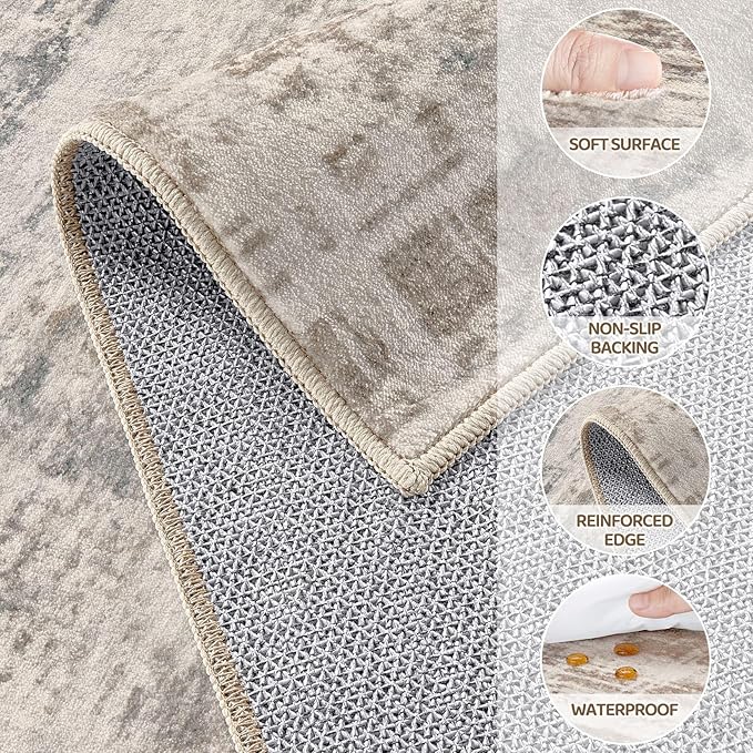 Area Rug for Living Room: 10x14 Washable Neutral Abstract Modern Soft Rugs Non Slip Indoor Floor Stain Resistant Large Carpet for Bedroom Dining Room Office Nursery - Brown