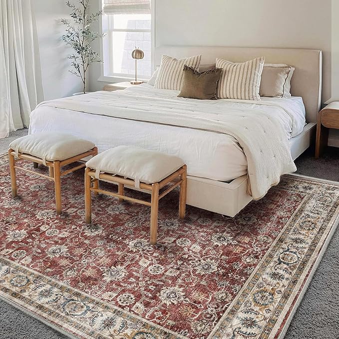 Area Rug 6'x9' Washable Vintage Traditional Floor Cover Thin Retro Kitchen Indoor Distressed Non Slip Carpet for Living Room Bedroom Dining Room