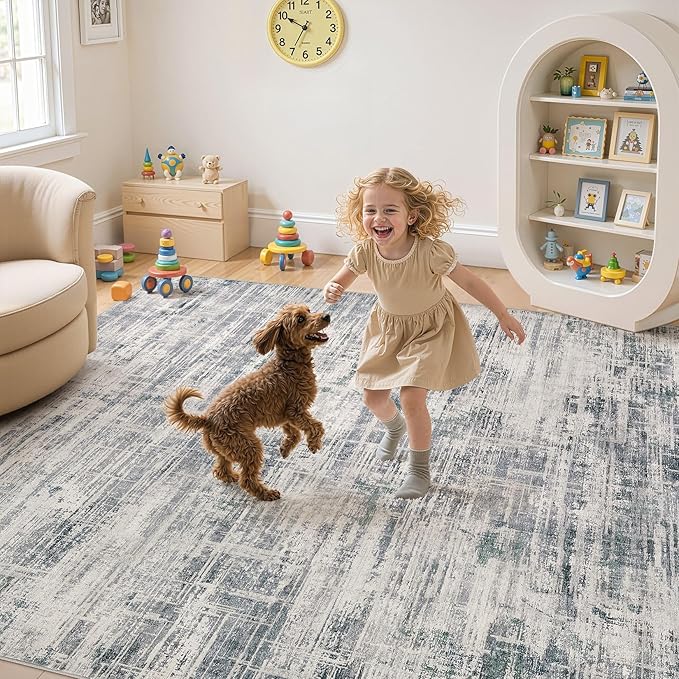 Area Rug for Living Room: 6x9 Washable Neutral Abstract Modern Soft Rugs Non Slip Indoor Floor Stain Resistant Large Carpet for Bedroom Dining Room Office Nursery - Gray