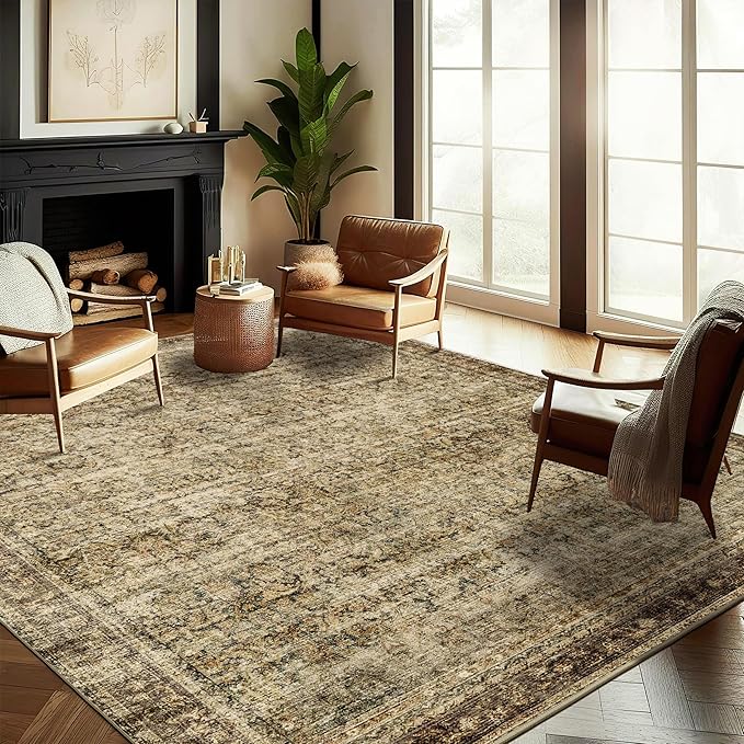 Area Rug 10x14 Washable Brown Vintage Traditional Mat Distressed Indoor Foldable Thin Retro Accent Floral Non Slip Carpet for Living Room Dining Room Office