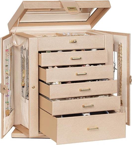 AKOZLIN Jewelry Box 360° Rotating 6-Tier Functional Jewelry Storage Case Organizer for Women Girls Ring Necklace Earring Bracelet Holder with Mirror