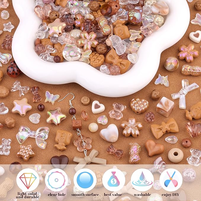 Assorted 170-230PCS Brown Acrylic Beads for Bracelet Making, Flower Bow Butterfly Candy GummyBear Aesthetic Bracelet Charms,Cute Beads for Jewelry Making DIY Necklace Keychain Phone Charm
