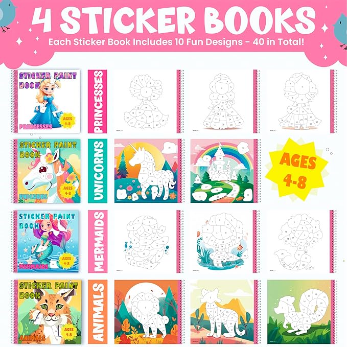 BulbaCraft 4Pcs Sticker Paint Books for Girls - Sticker Books by Number with Mermaids, Princesses, Animals and Unicorns - Coloring Activity for Kids