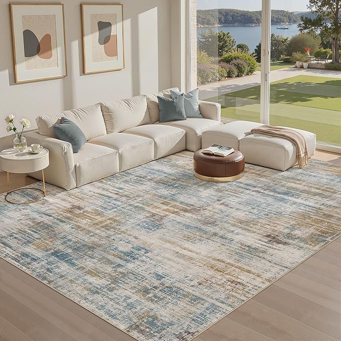 Area Rug for Living Room: 10x12 Washable Neutral Abstract Modern Soft Rugs Non Slip Indoor Floor Stain Resistant Large Carpet for Bedroom Dining Room Office Nursery - Blue Brown