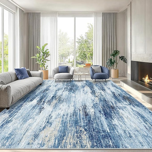 Amada 9x12 Large Area Rug, Modern Abstract Living Room Rug with Non-Slip Backing & Short Pile, Washable Rug with Abstract Pattern for Living Room, Bedroom and Dinning Room, Blue