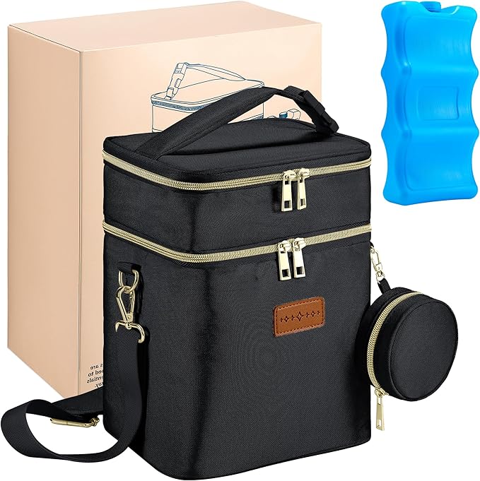 Breastmilk Cooler Bag with Ice Pack & Pacifier Case, Large Double Layer Insulated Baby Bottle Cooler Fits 6 Bottles, Breast Pump Storage Bag for Working Nursing Moms, with Gift Box