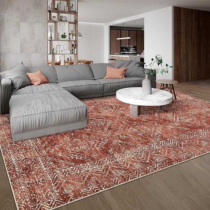 COZYLOOM 4x6 Area Rug Modern Indoor Area Rug Machine-Washable for Living Room or Bedroom Softness Foldable Carpet for Easy Storage Abstract Geometric Design Non Slip Stain Resistant Carpet, Brick Red