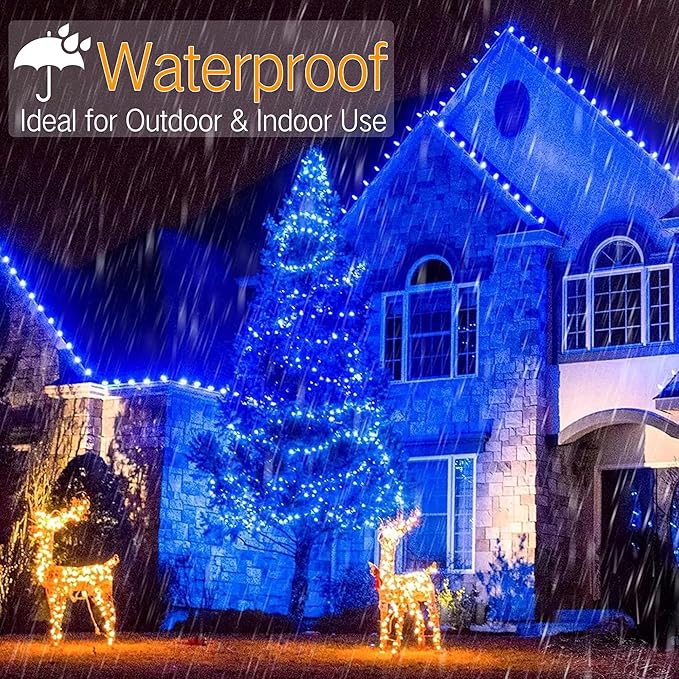 Brizled Blue Christmas Lights, 33ft 100 LED 5MM Wide Angle Christmas Tree Lights, 120V UL Certified Mini String Light Connectable Outdoor Waterproof Blue Light for Xmas Room Party Decor, Green Wire