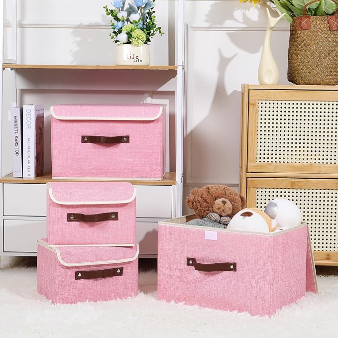 ANMINY Storage Bin with Lid Storage Boxes with PU Leather Handles PP Plastic Board Decorative Foldable Lidded Cotton Linen Fabric Home Cubes Baskets Closet Organizer Container - Pink, Large Size