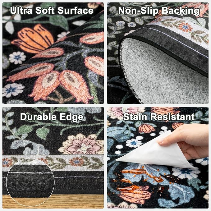 Entryway Rug 2X3 Small Rugs: Floral Washable Door Mat Vintage Soft Low Pile Non-Slip Kitchen Rugs Stain Resistant Indoor Throw Rug for Entrance, Bedroom, Kitchen, Laundry, Bathroom Dark Black