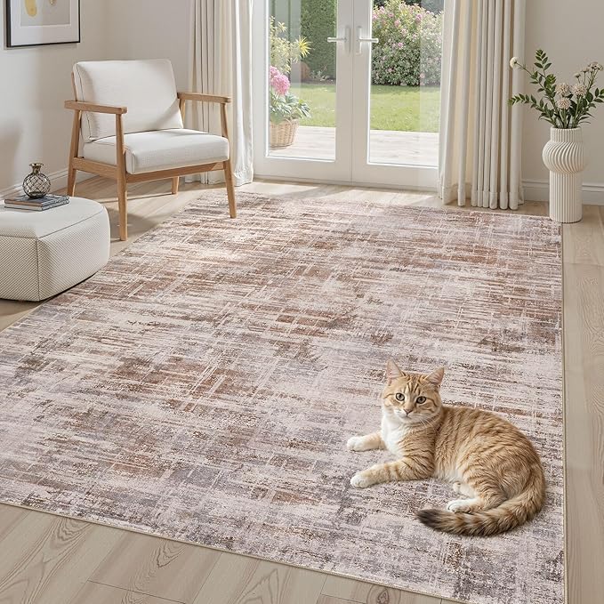 Area Rug for Living Room: 4x6 Washable Neutral Abstract Modern Soft Rugs Non Slip Indoor Floor Stain Resistant Carpet for Bedroom Dining Room Office Nursery - Red Brown