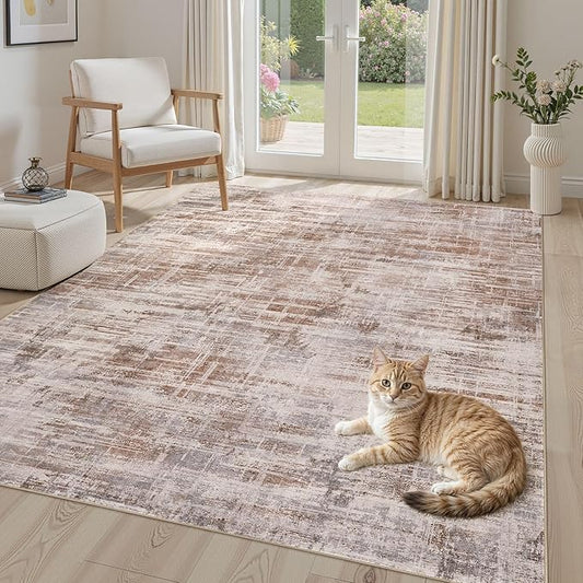 Area Rug for Living Room: 5x7 Washable Neutral Abstract Modern Soft Rugs Non Slip Indoor Floor Stain Resistant Carpet for Bedroom Dining Room Office Nursery - Red Brown