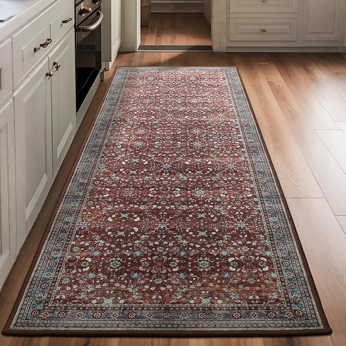2x6 Washable Kitchen Runner Rug for Hallways, Non Slip Laundry Runners for Bathroom, Low Pile Rubber Backed Rugs for Entryway, Vintage Floral Carpet for Living Room Bedroom Brick Red